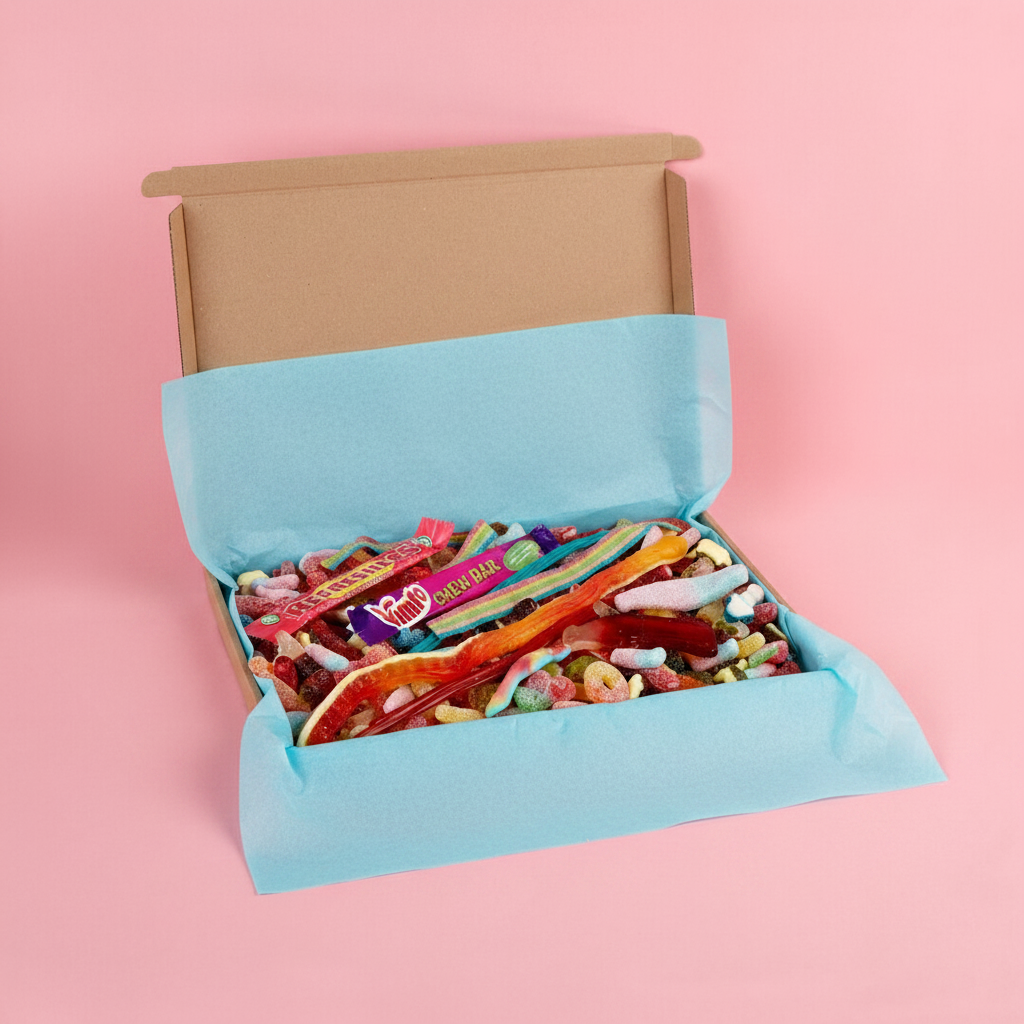 Sweet box with blue tissue paper and no logo